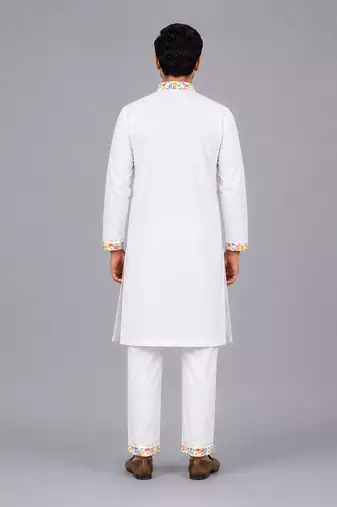 White multicolor printed cotton Men Kurta Set