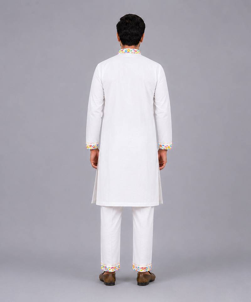 White multicolor printed cotton Men Kurta Set