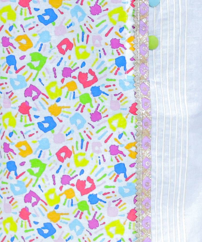 White multicolor printed cotton Men Kurta Set