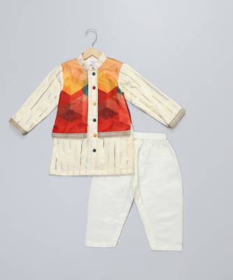 off white cotton silk multicolor printed kurta set 1