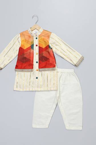 off white cotton silk multicolor printed kurta set