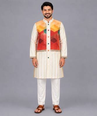 off white cotton silk multicolor printed kurta set 8