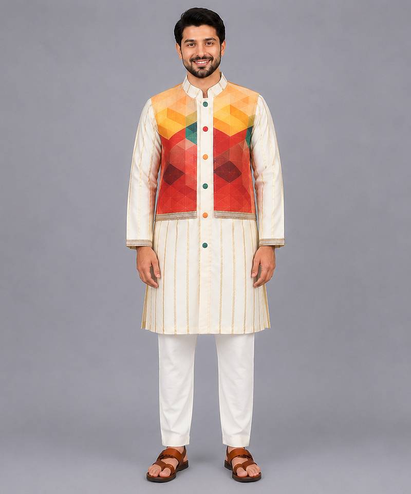 off white cotton silk multicolor printed kurta set