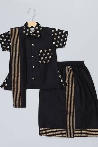 black printed cotton silk shirt mundu set