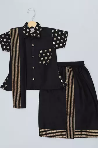 black printed cotton silk shirt mundu set