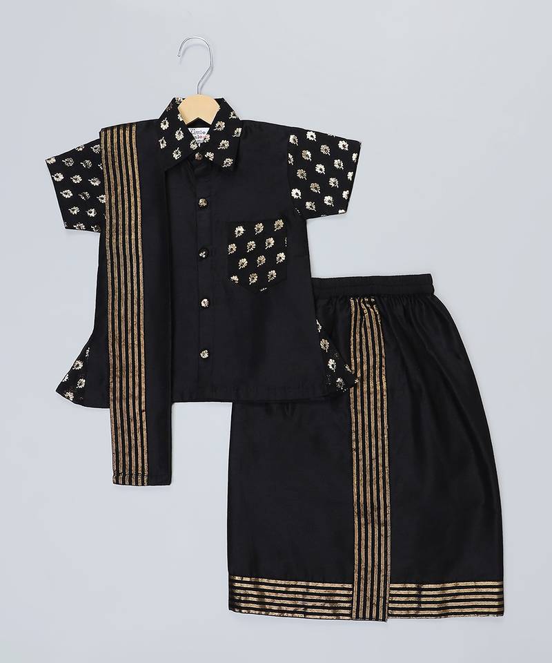 black printed cotton silk shirt mundu set