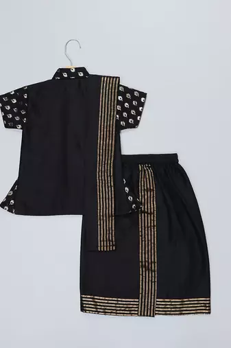 black printed cotton silk shirt mundu set