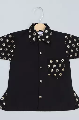 black printed cotton silk shirt mundu set