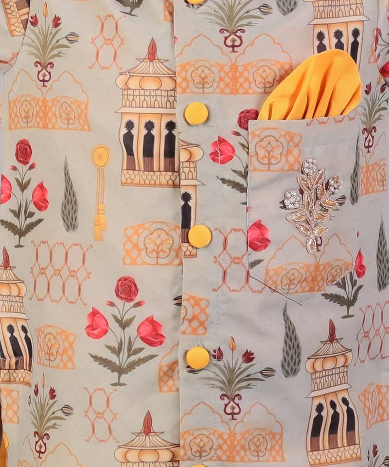 Beige printed cotton silk Men Kurta Set