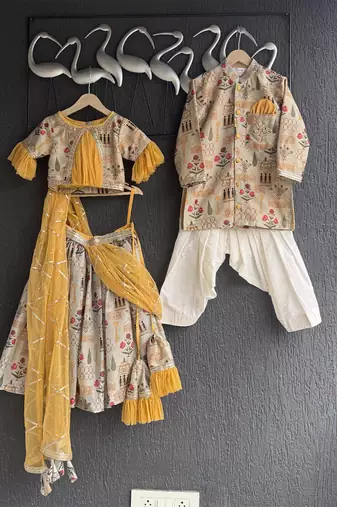 Beige printed cotton silk Men Kurta Set