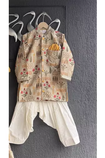 Beige printed cotton silk Men Kurta Set
