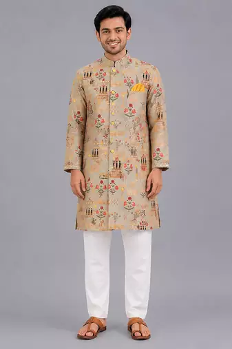 Beige printed cotton silk Men Kurta Set