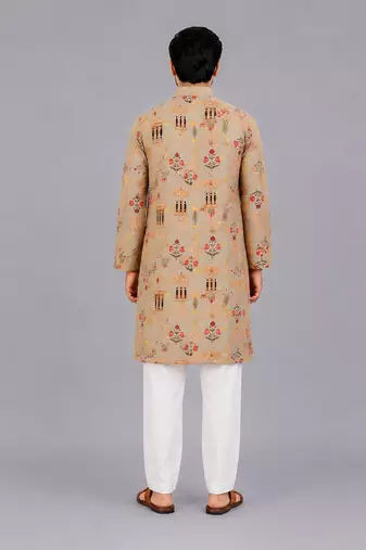 Beige printed cotton silk Men Kurta Set