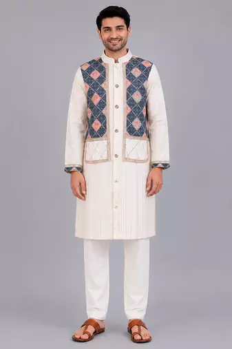 Off white printed cotton silk kurta set