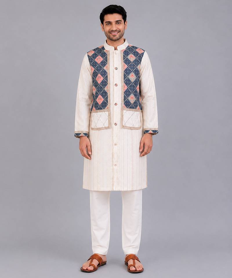 Off white printed cotton silk kurta set