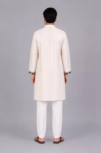 Off white printed cotton silk kurta set