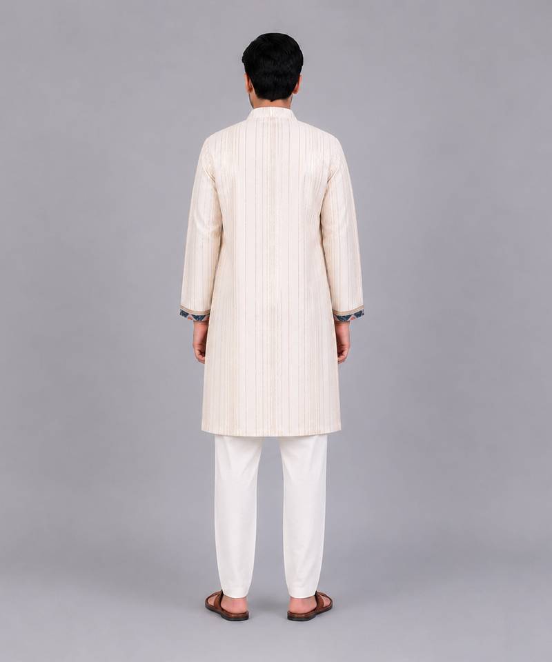 Off white printed cotton silk kurta set