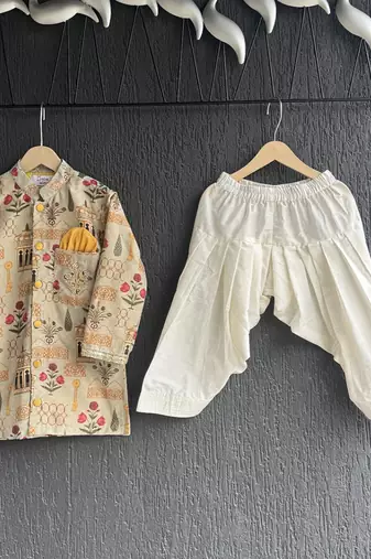 Off white printed cotton silk kurta set