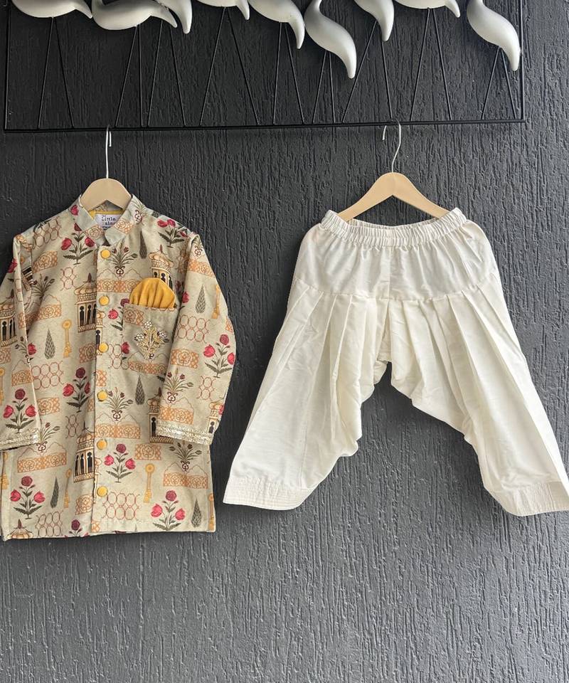 Off white printed cotton silk kurta set