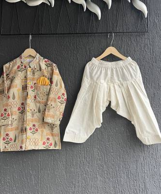 Off white printed cotton silk kurta set 5
