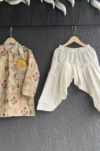 Off white printed cotton silk kurta set