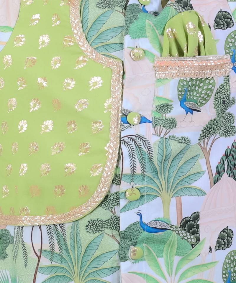 Sage green printed cotton silk Men Kurta Set