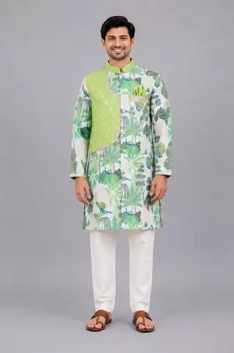 Sage green printed cotton silk Men Kurta Set