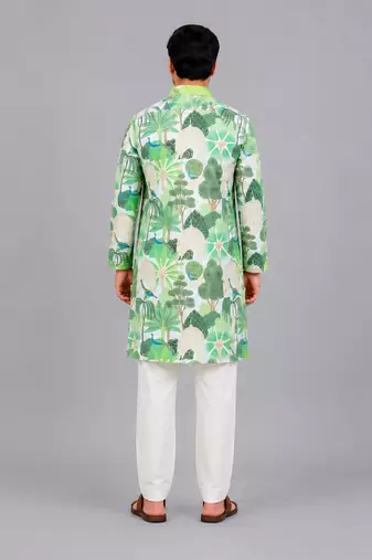 Sage green printed cotton silk Men Kurta Set