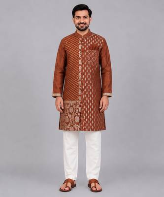 Brown woven cotton silk kurta set 3