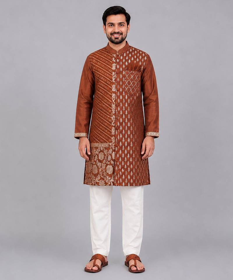 Brown woven cotton silk kurta set