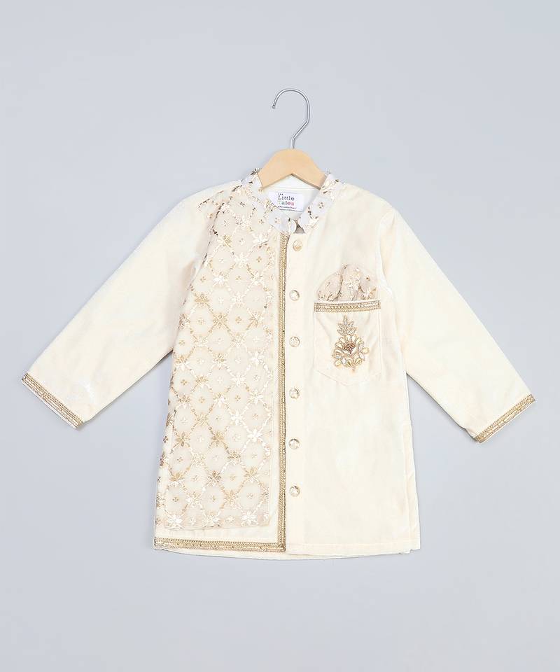 Off white embroidered velvet kurta set