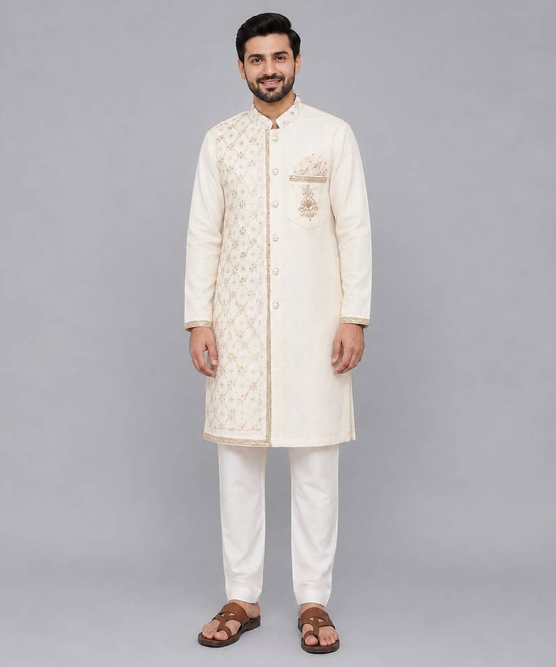Off white embroidered velvet kurta set