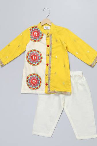 Mustard yellow white printed cotton Men Kurta Set