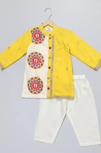 Mustard yellow white printed cotton Men Kurta Set