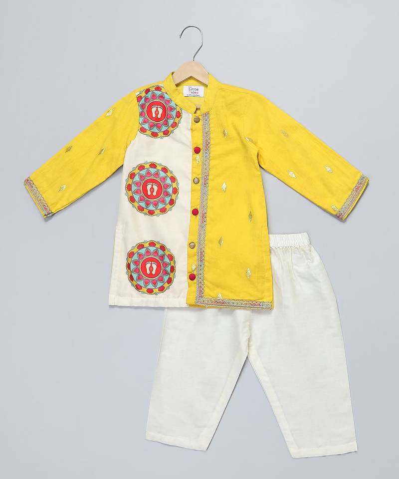 Mustard yellow white printed cotton Men Kurta Set