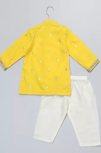 Mustard yellow white printed cotton Men Kurta Set