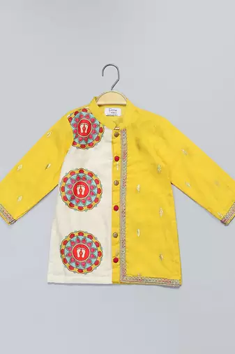 Mustard yellow white printed cotton Men Kurta Set