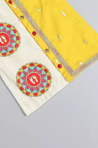Mustard yellow white printed cotton Men Kurta Set