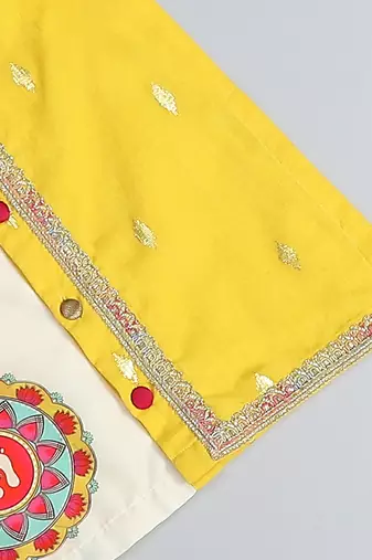 Mustard yellow white printed cotton Men Kurta Set