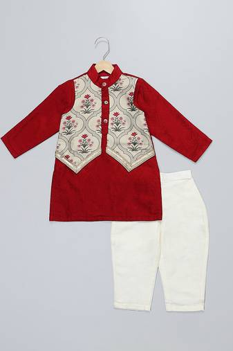maroon printed cotton silk men kurta set