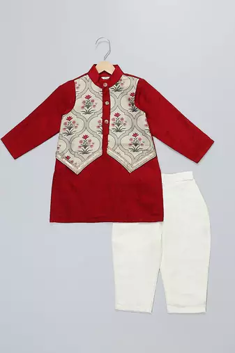 maroon printed cotton silk men kurta set
