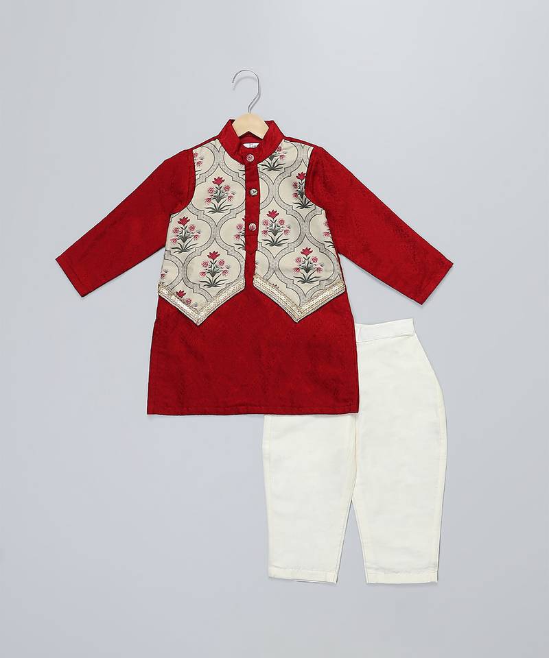 maroon printed cotton silk men kurta set