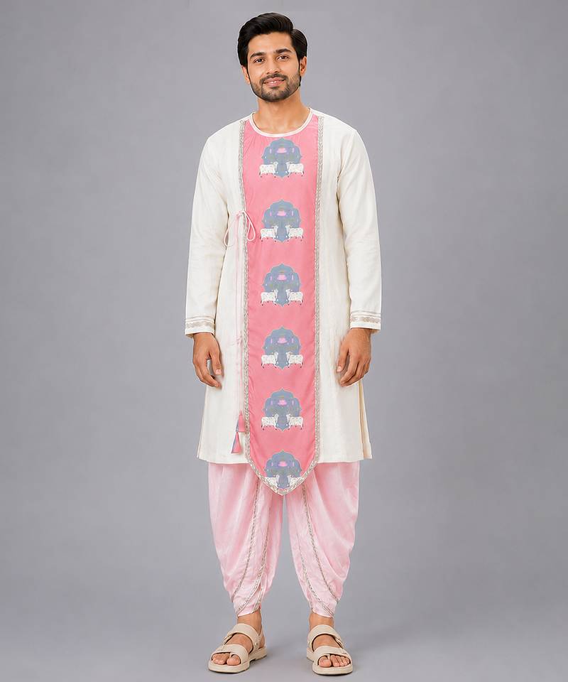 Off white printed cotton dhoti kurta set