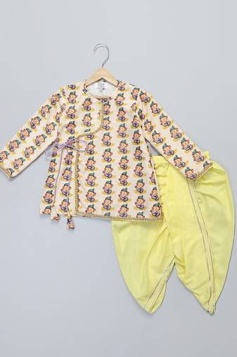 Off white printed cotton silk yellow Men dhoti Kurta Set