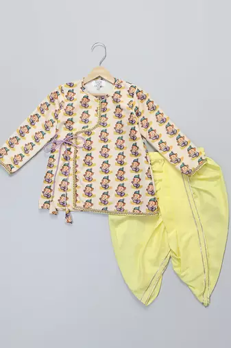 Off white printed cotton silk yellow Men dhoti Kurta Set