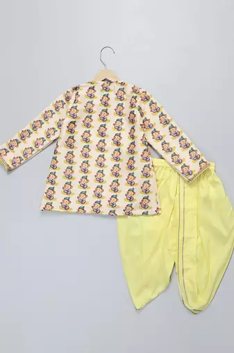 Off white printed cotton silk yellow Men dhoti Kurta Set