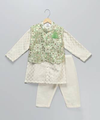 Ivory embroidered georgette sage green Men nehru jacket set 1