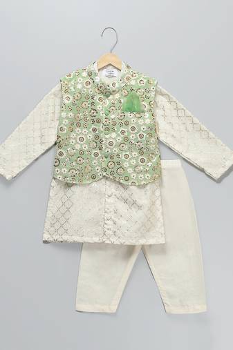 Ivory embroidered georgette sage green Men nehru jacket set