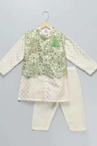 Ivory embroidered georgette sage green Men nehru jacket set