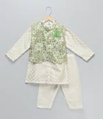 Ivory embroidered georgette sage green Men nehru jacket set